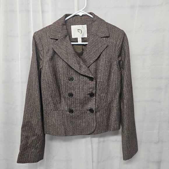 Vintage Prize Brown Blazer Y2K Chevron Twee Wool Blend Office Double Breasted 6 - Picture 1 of 7